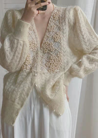 Women’s Sweater | Loose Beige V Neck Knit Cardigan with Pearl Buttons