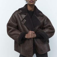 Women’s Leather Look Winter Jacket with Oversized Fit | Stylish Ladies Coat