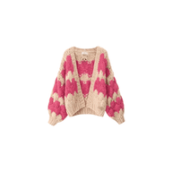Women’s Chunky Knit Cardigan | Pink Pattern | Balloon Sleeves | Cropped Autumn Layer