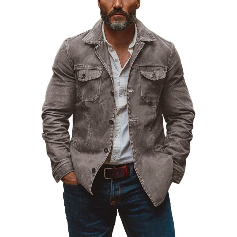 Men’s Heavy Washed Leather Jacket with Lapel Collar | Vintage Workwear Coat