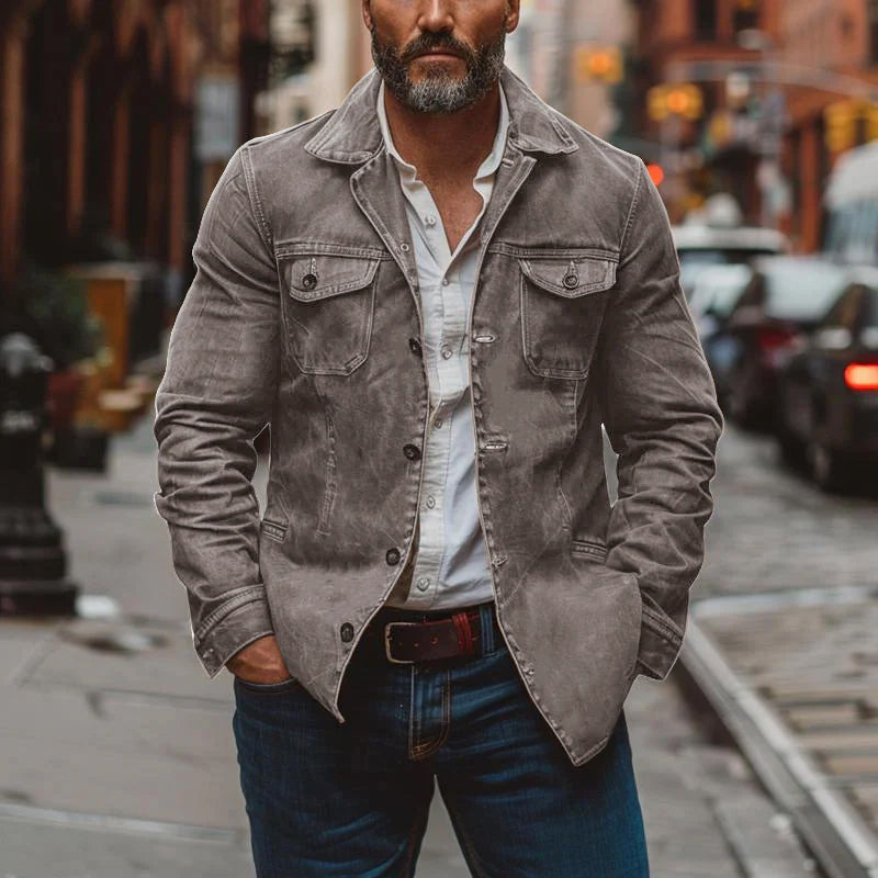 Men’s Heavy Washed Leather Jacket with Lapel Collar | Vintage Workwear Coat