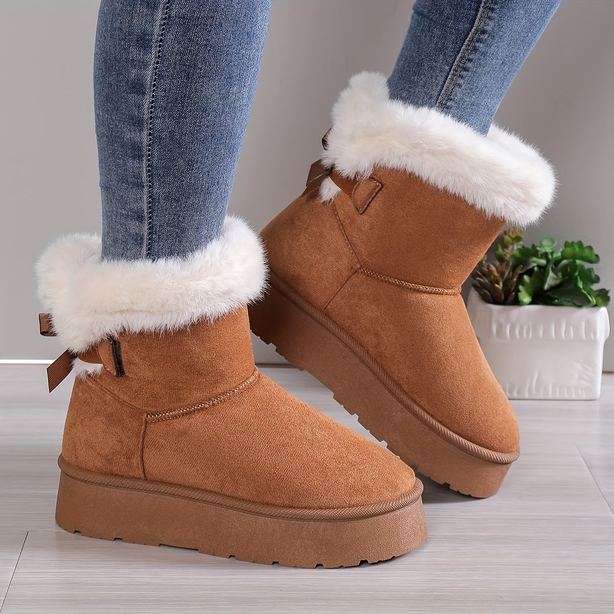 Plush Bow Knot Winter Boots | Stylish Warmth | Non-Slip Comfort