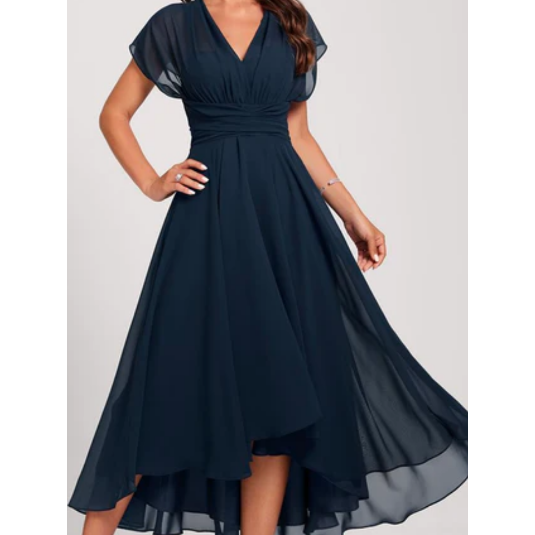Women’s Flared Formal Midi Dress with V-Neckline | Wedding Guest & Evening Dress
