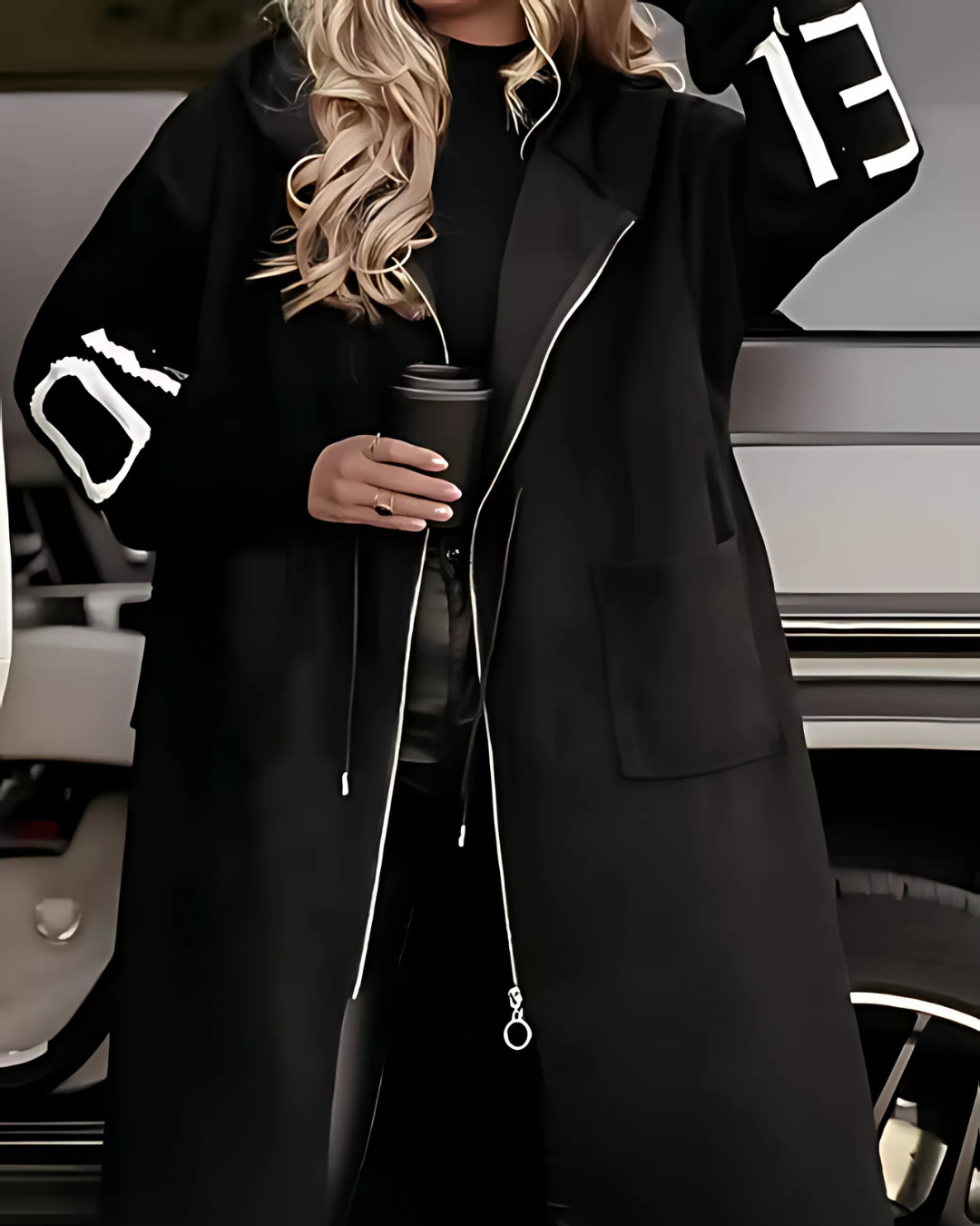 Women’s Long Hooded Coat in Black Zip-Up Style | Warm Fleece Lined Winter Jacket