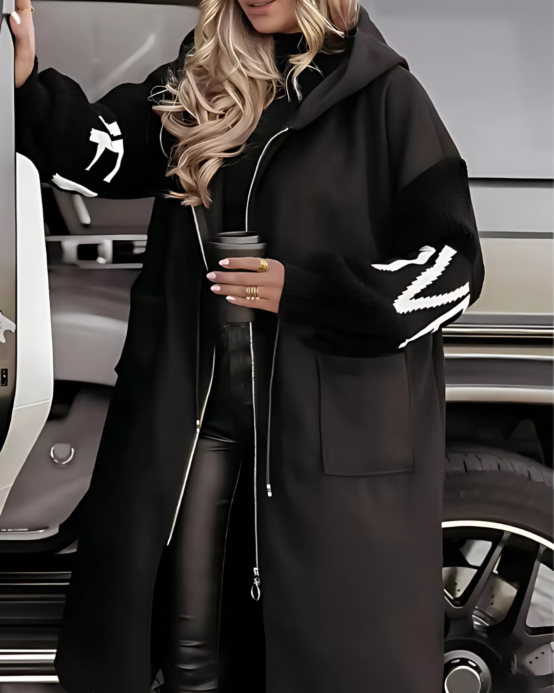 Women’s Long Hooded Coat in Black Zip-Up Style | Warm Fleece Lined Winter Jacket