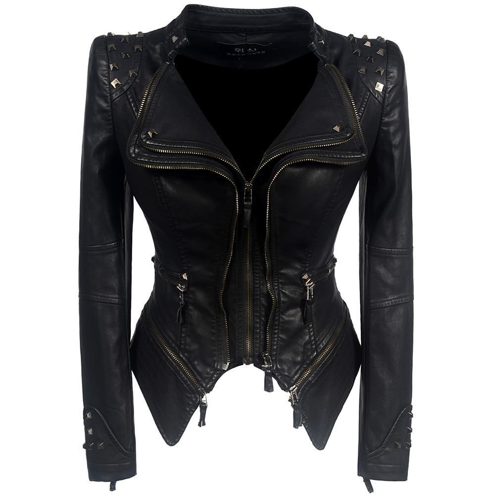 Women’s Gothic Leather Jacket | Black Fitted Zip Up Stylish Winter Coat for Ladies