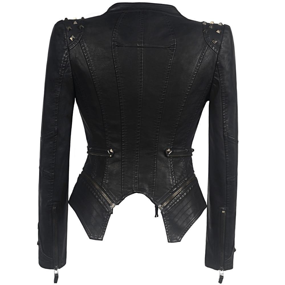 Women’s Gothic Leather Jacket | Black Fitted Zip Up Stylish Winter Coat for Ladies