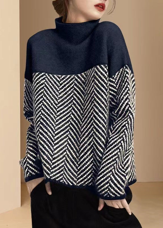 Women’s Khaki Turtle Neck Jumper in Patchwork Knit | Warm Loose Fit Winter Sweater
