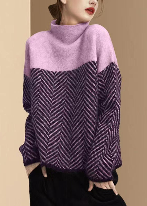 Women’s Khaki Turtle Neck Jumper in Patchwork Knit | Warm Loose Fit Winter Sweater