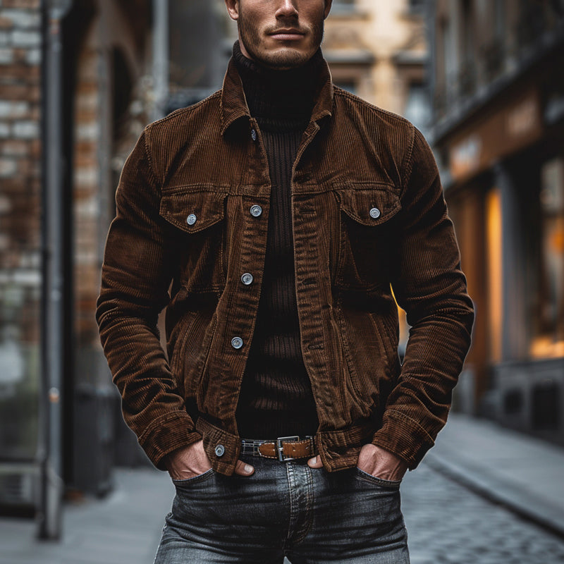 Men’s Corduroy Work Jacket with Lapel Collar | Vintage Multi-Pocket Coat