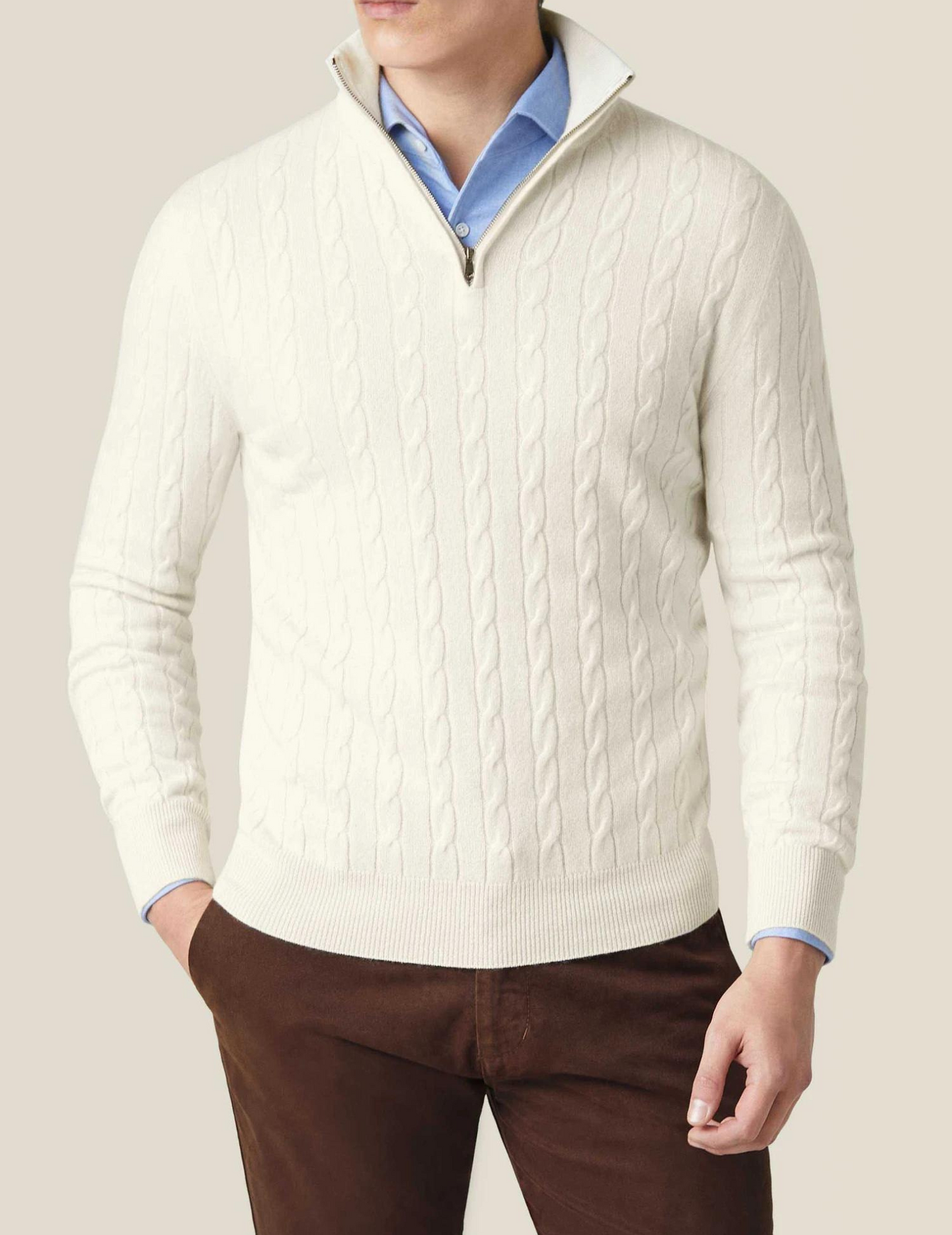 Men’s Cable Knit Jumper | Quarter Zip Sweater | Funnel Neck | Warm Winter Layer