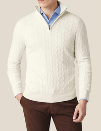 Men’s Cable Knit Jumper | Quarter Zip Sweater | Funnel Neck | Warm Winter Layer