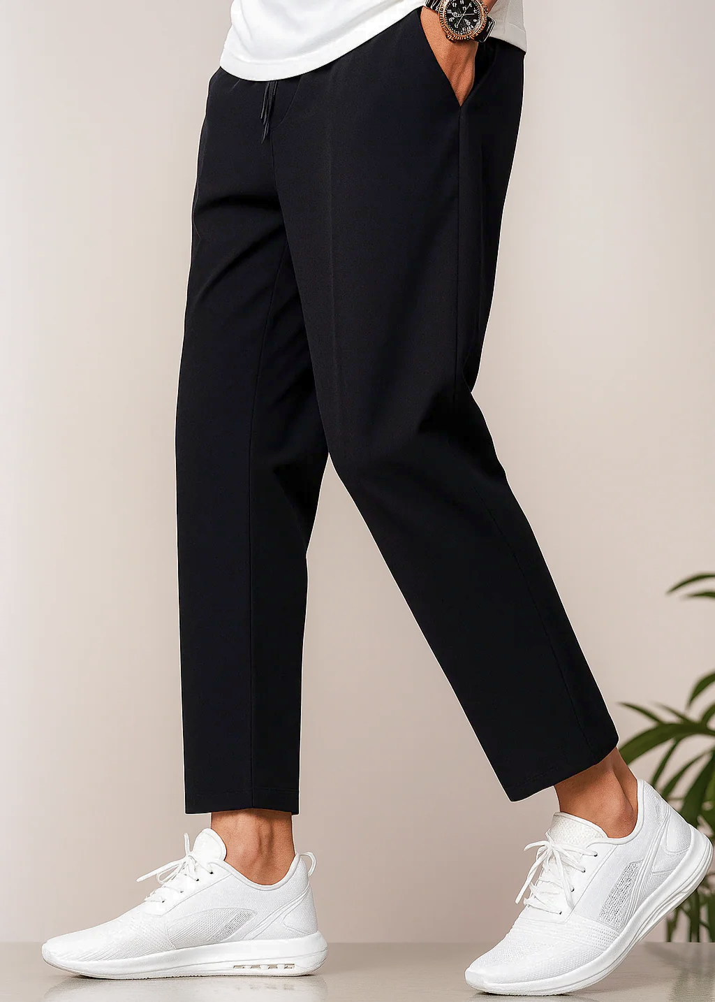 Men’s Slim-Fit Chino Trousers | Cropped Length | Adjustable Drawstring Waist | Lightweight Casual Pants