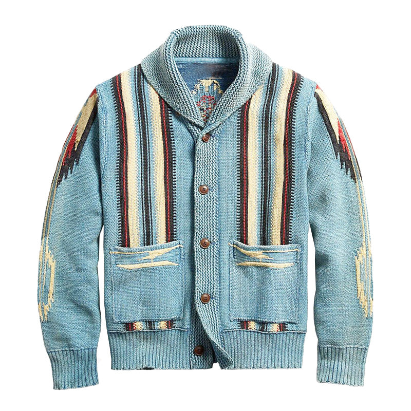 Men’s Jacquard Knit Cardigan with Lapel Collar | Vintage Smart Casual Sweater