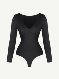 Wholesale V-Neck Long Sleeve Thong Waist Control Bodysuit