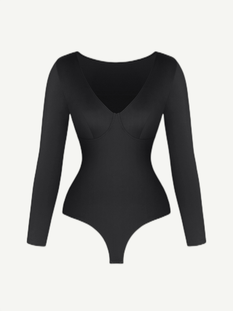 Wholesale V-Neck Long Sleeve Thong Waist Control Bodysuit