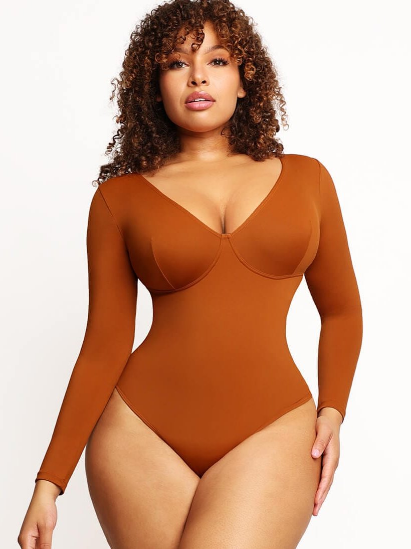 Wholesale V-Neck Long Sleeve Thong Waist Control Bodysuit