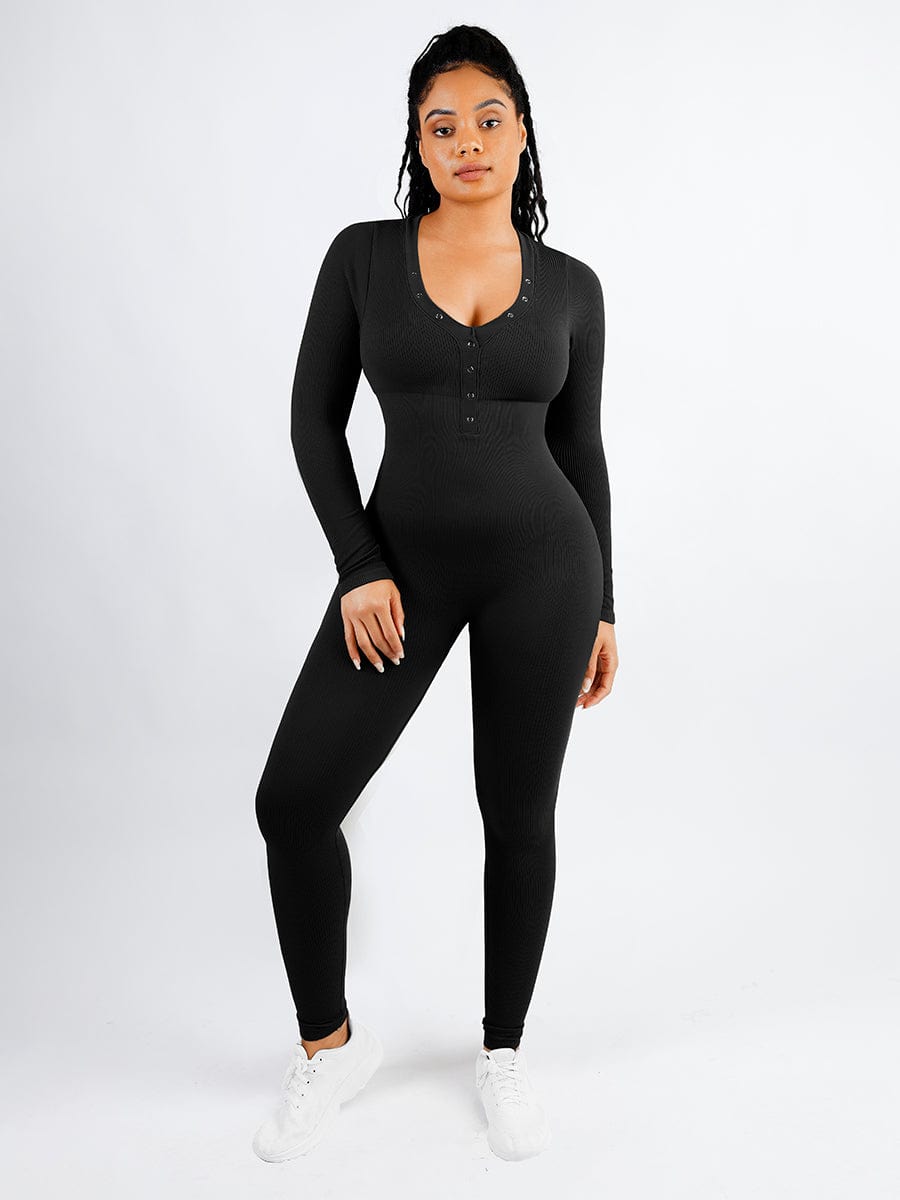 Shapewear | Deep V Jumpsuit | Ribbed Texture