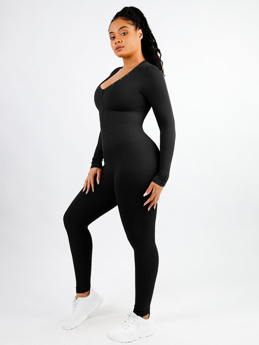 Shapewear | Deep V Jumpsuit | Ribbed Texture