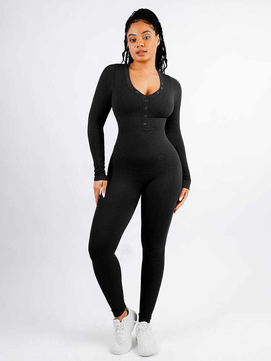 Shapewear | Deep V Jumpsuit | Ribbed Texture