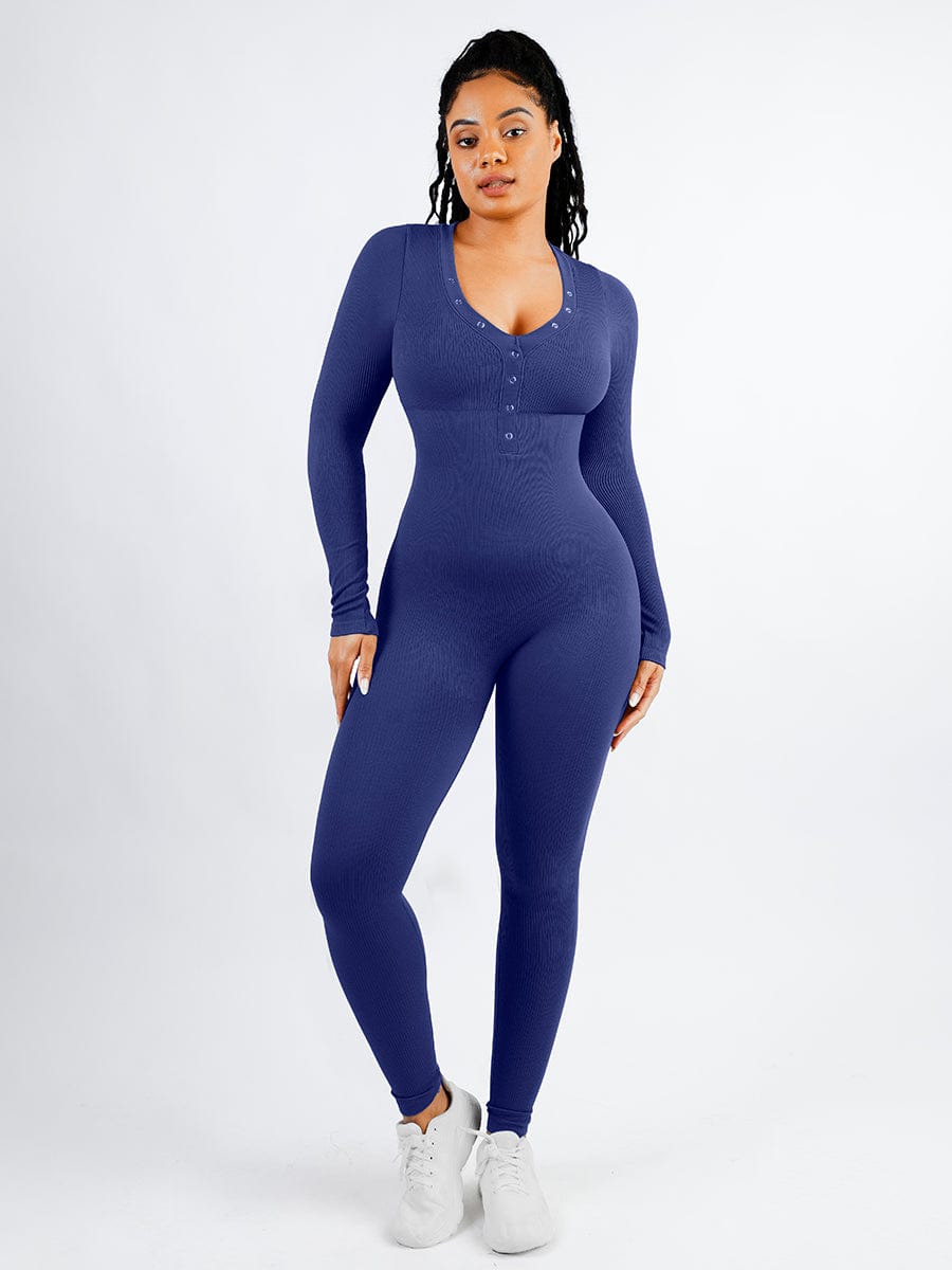 Shapewear | Deep V Jumpsuit | Ribbed Texture