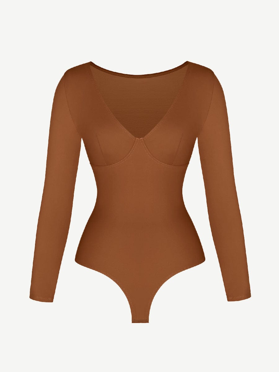 Wholesale V-Neck Long Sleeve Thong Waist Control Bodysuit