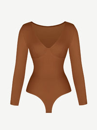 Wholesale V-Neck Long Sleeve Thong Waist Control Bodysuit