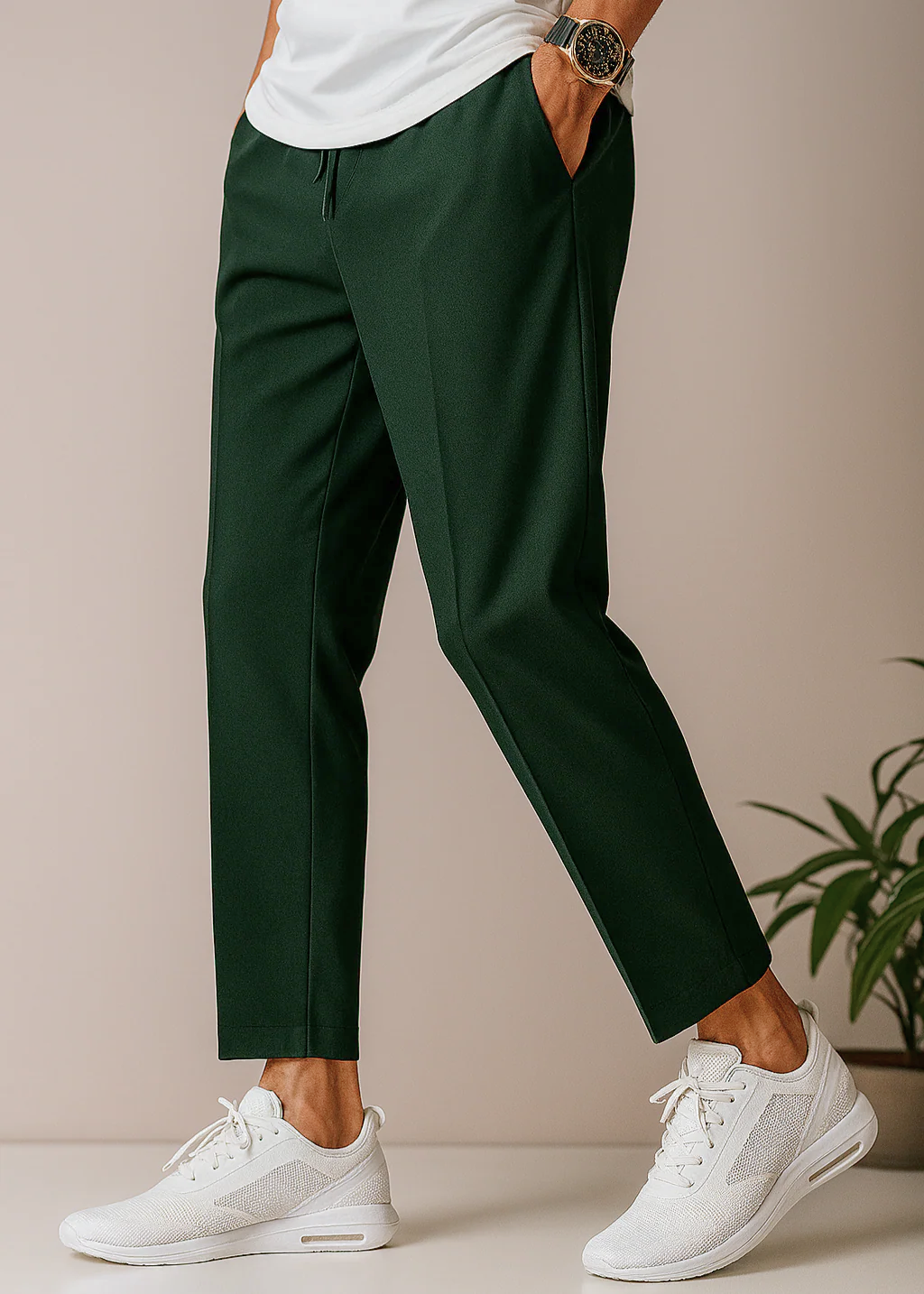 Men’s Slim-Fit Chino Trousers | Cropped Length | Adjustable Drawstring Waist | Lightweight Casual Pants