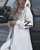 Women’s Long Hooded Coat in White Zip-Up Style | Warm Fleece Lined Winter Jacket