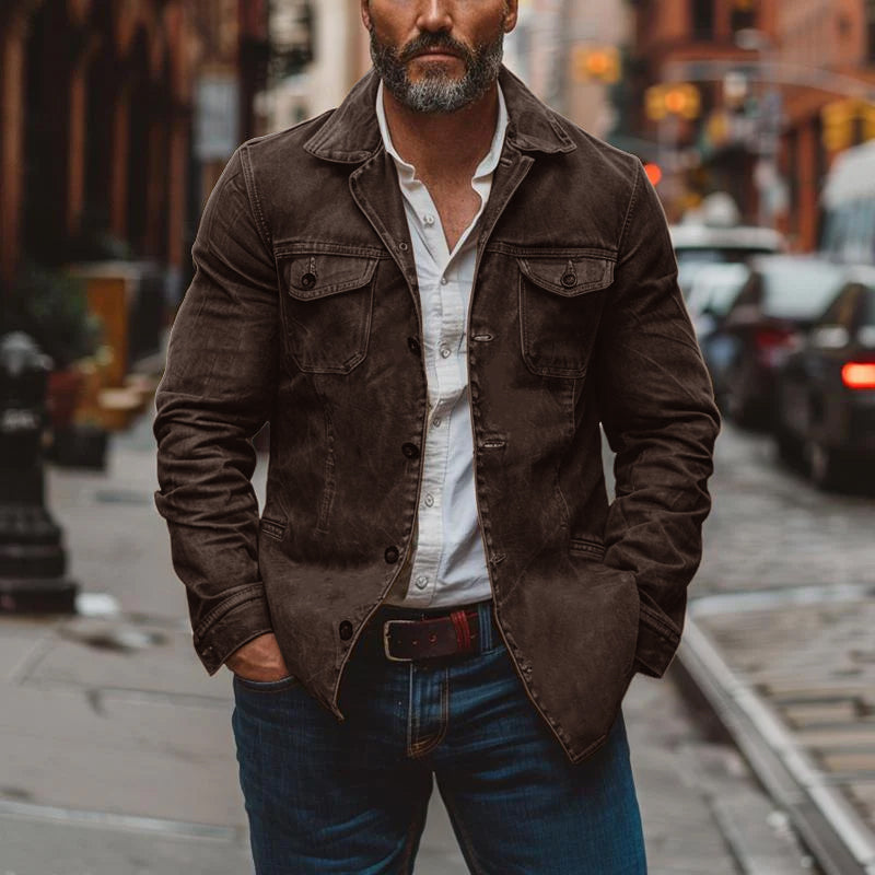 Men’s Heavy Washed Leather Jacket with Lapel Collar | Vintage Workwear Coat