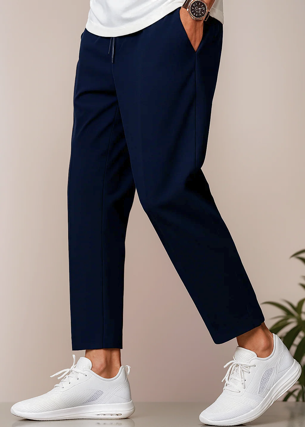 Men’s Slim-Fit Chino Trousers | Cropped Length | Adjustable Drawstring Waist | Lightweight Casual Pants