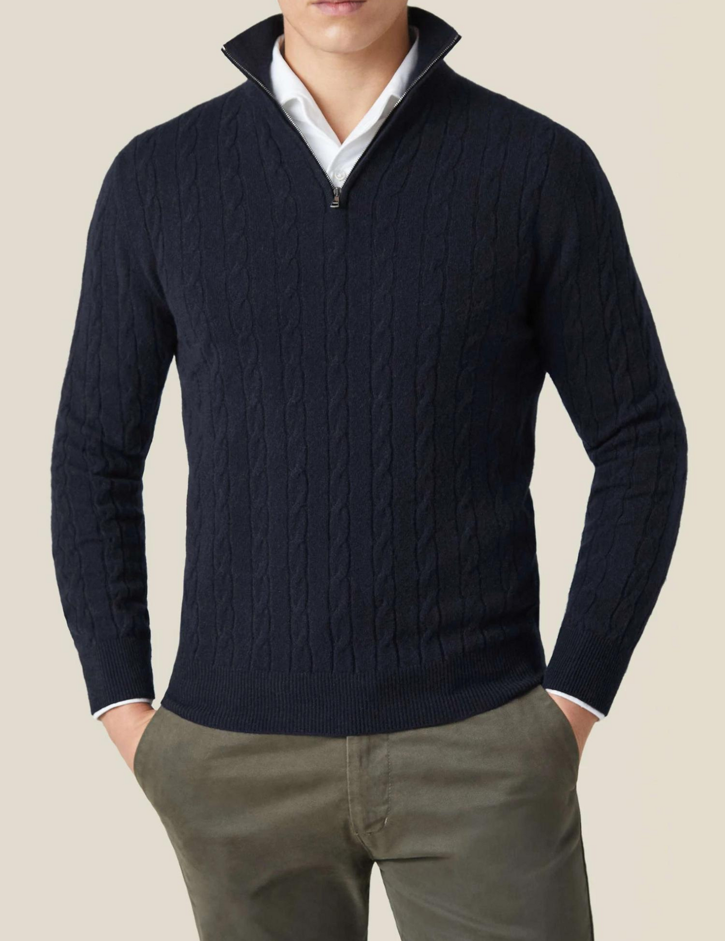 Men’s Cable Knit Jumper | Quarter Zip Sweater | Funnel Neck | Warm Winter Layer