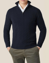 Men’s Cable Knit Jumper | Quarter Zip Sweater | Funnel Neck | Warm Winter Layer
