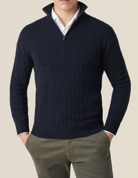 Men’s Cable Knit Jumper | Quarter Zip Sweater | Funnel Neck | Warm Winter Layer