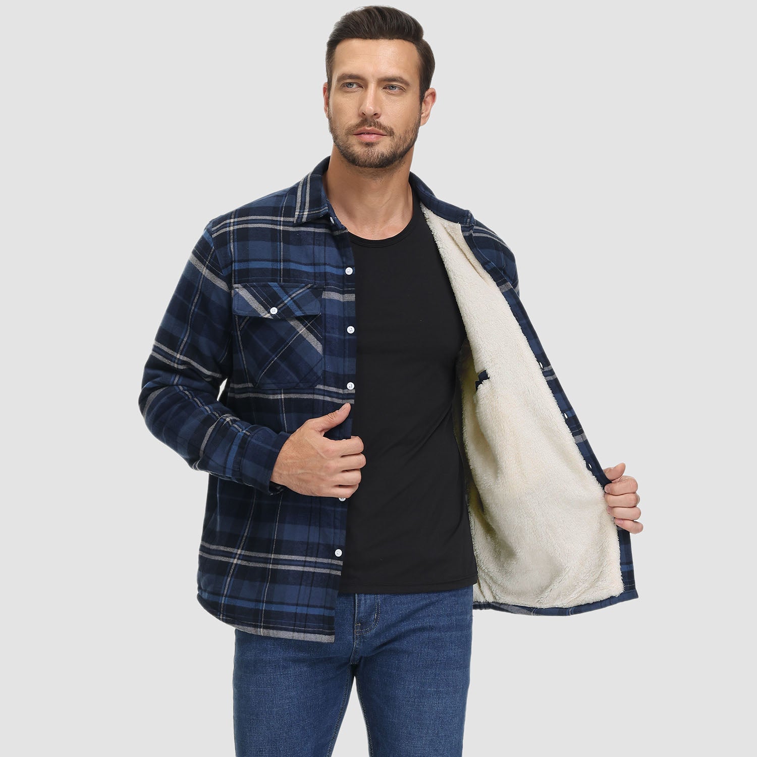 Men’s Fleece Lined Plaid Jacket in Cotton Shirt Style | Warm Winter Casual Coat