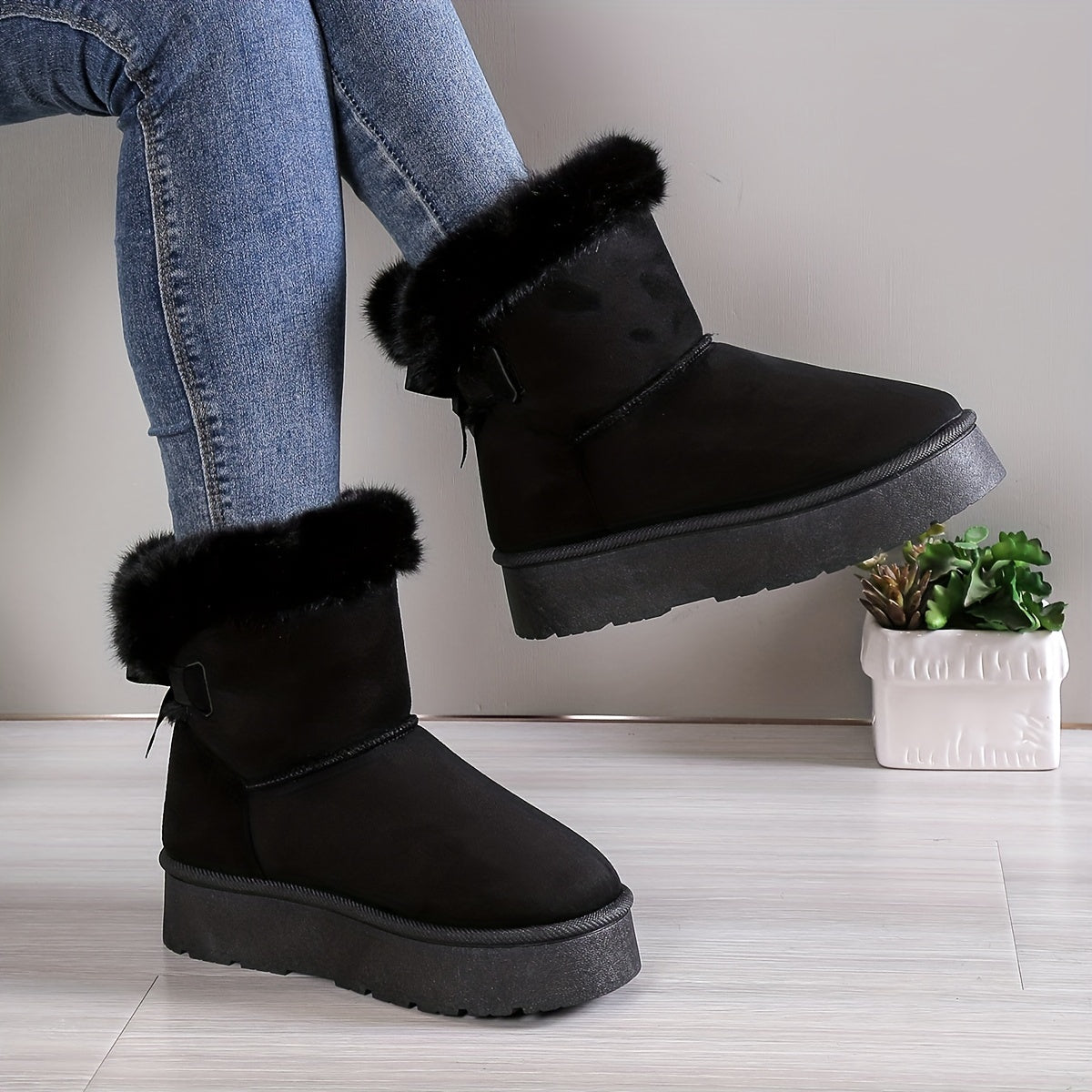 Plush Bow Knot Winter Boots | Stylish Warmth | Non-Slip Comfort