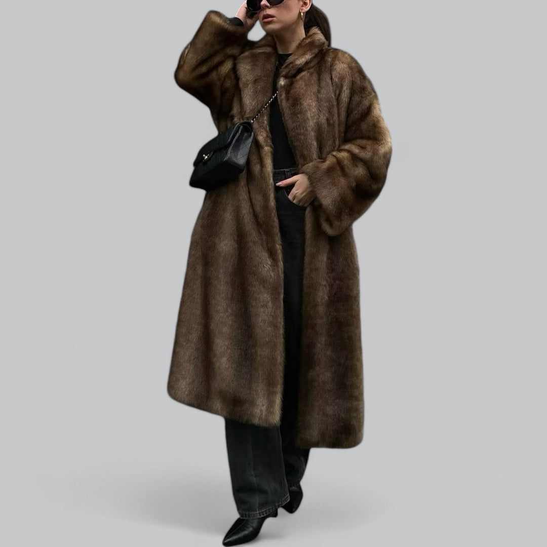 Women’s Long Faux Fur Trench Coat | Relaxed Fit | Elegant Dark Brown | Plush and Warm | Winter Statement Style