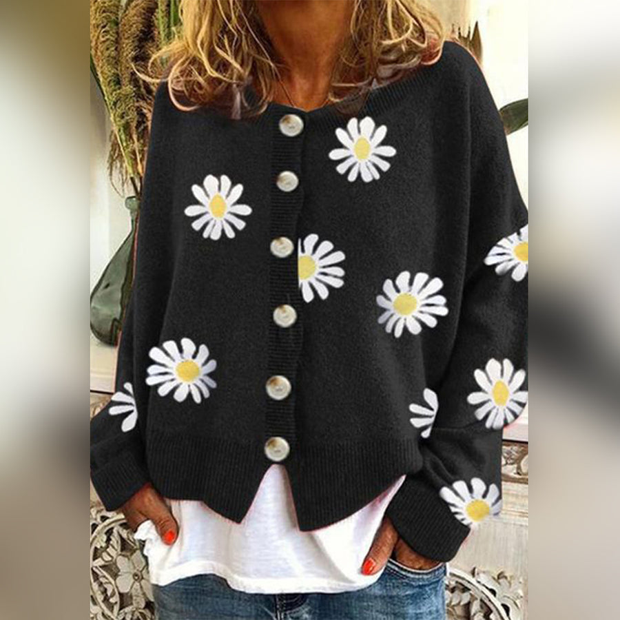 Women’s Knit Cardigan | Oversized Fit | Daisy Print | Button Down | Ribbed Trim