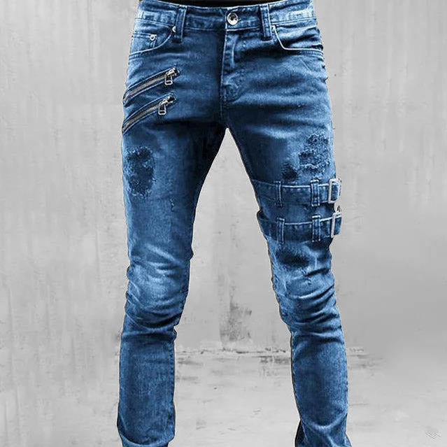 Men’s Gothic Buckle Jeans | Ripped Slim Fit Denim with Straps