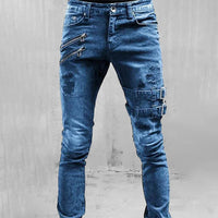 Men’s Gothic Buckle Jeans | Ripped Slim Fit Denim with Straps
