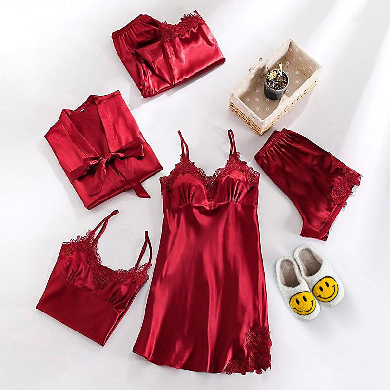 Women’s Satin Pyjama Set | Five-Piece Sleepwear | Lace Trim Details | Elegant Loungewear