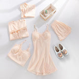 Women’s Satin Pyjama Set | Five-Piece Sleepwear | Lace Trim Details | Elegant Loungewear