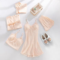 Women’s Satin Pyjama Set | Five-Piece Sleepwear | Lace Trim Details | Elegant Loungewear