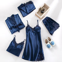 Women’s Satin Pyjama Set | Five-Piece Sleepwear | Lace Trim Details | Elegant Loungewear