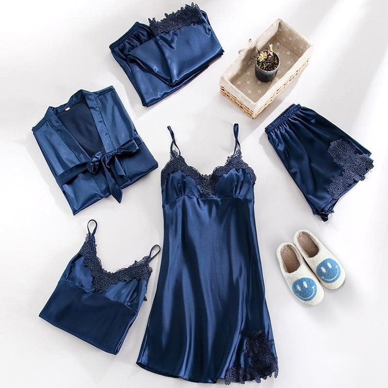 Women’s Satin Pyjama Set | Five-Piece Sleepwear | Lace Trim Details | Elegant Loungewear
