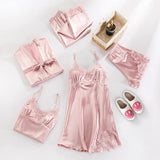 Women’s Satin Pyjama Set | Five-Piece Sleepwear | Lace Trim Details | Elegant Loungewear