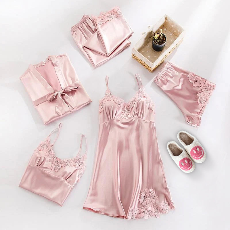 Women’s Satin Pyjama Set | Five-Piece Sleepwear | Lace Trim Details | Elegant Loungewear