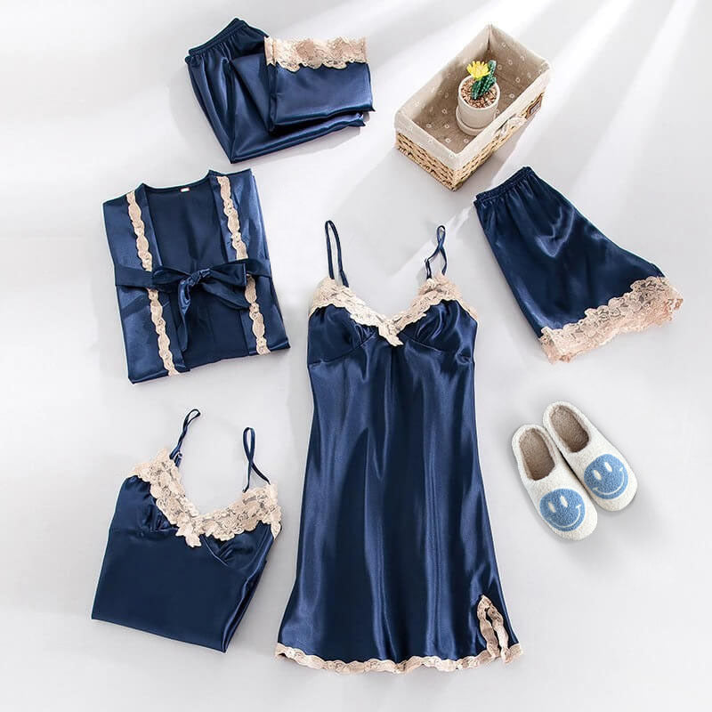 Women’s Satin Pyjama Set | Five-Piece Sleepwear | Lace Trim Details | Elegant Loungewear