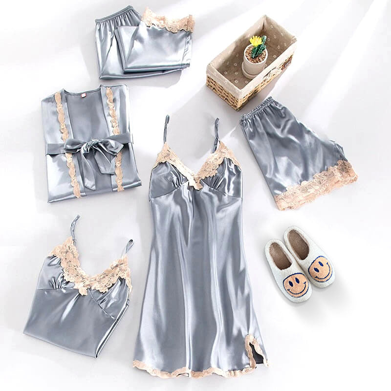 Women’s Satin Pyjama Set | Five-Piece Sleepwear | Lace Trim Details | Elegant Loungewear