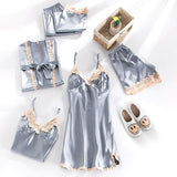 Women’s Satin Pyjama Set | Five-Piece Sleepwear | Lace Trim Details | Elegant Loungewear